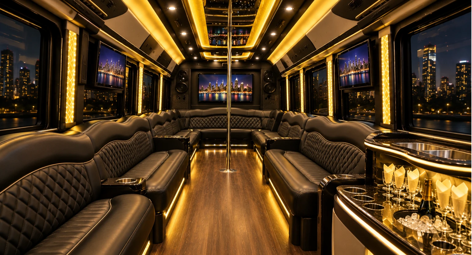 Interior of a limo-style party bus