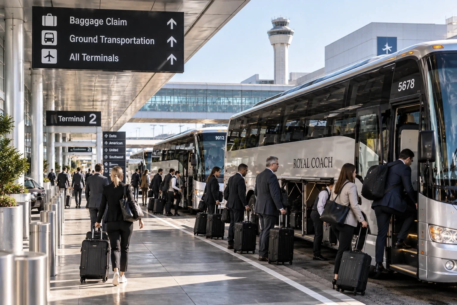 Business travelers arriving at airport group transportation